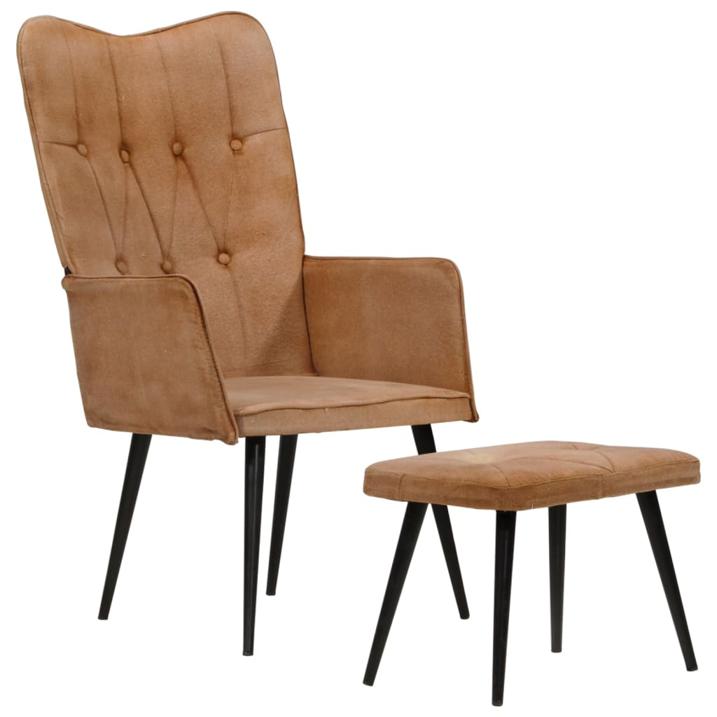 Poltrona Wingback con Poggiapiedi Marrone in Tela