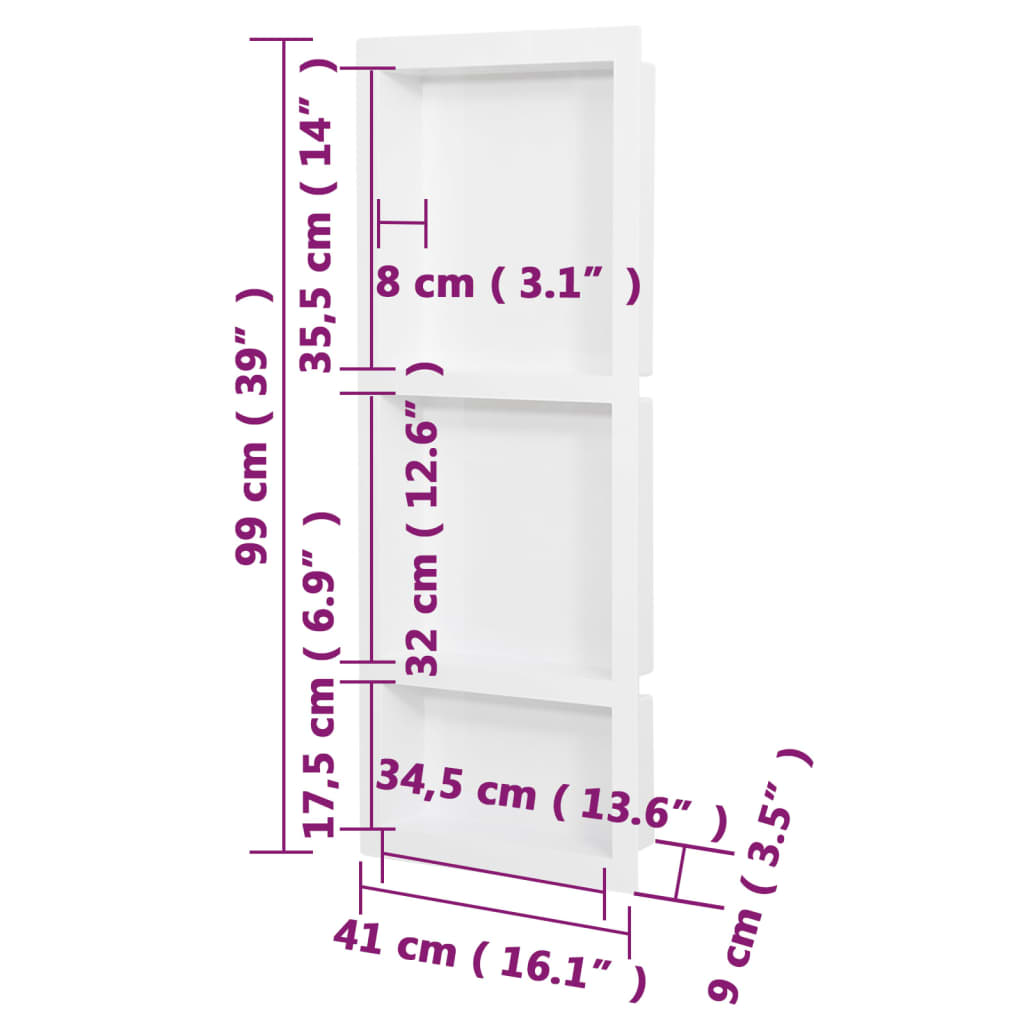 Nicchia da Doccia con 3 Scomparti Bianco Lucido 41x99x9 cm - homemem39