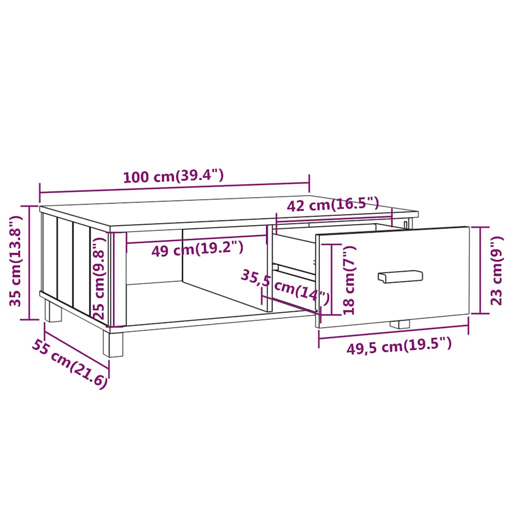 Tavolino HAMAR Grigio Scuro 100x55x35 cm Legno Massello di Pino