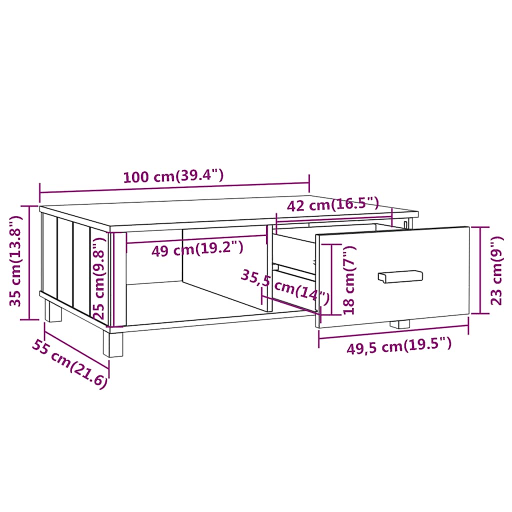 Tavolino HAMAR Grigio Chiaro 100x55x35cm Legno Massello di Pino | homemem39