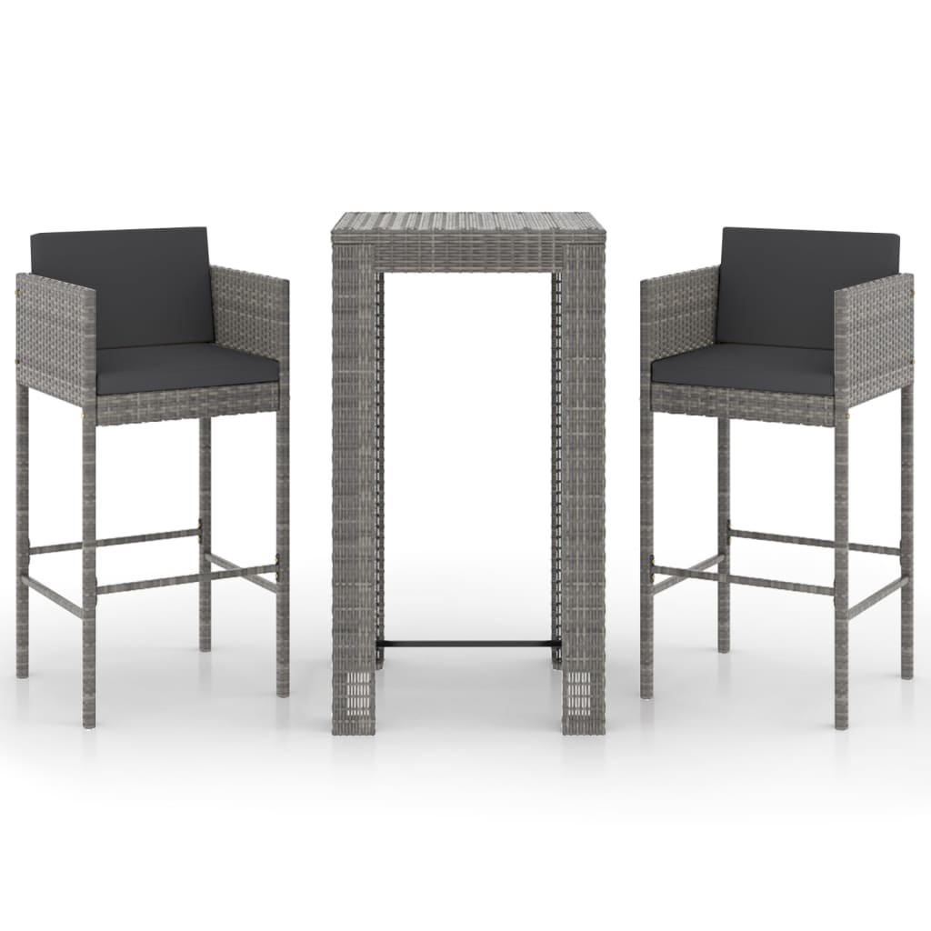 Set Bar da Giardino 3 pz con Cuscini in Polyrattan Grigio