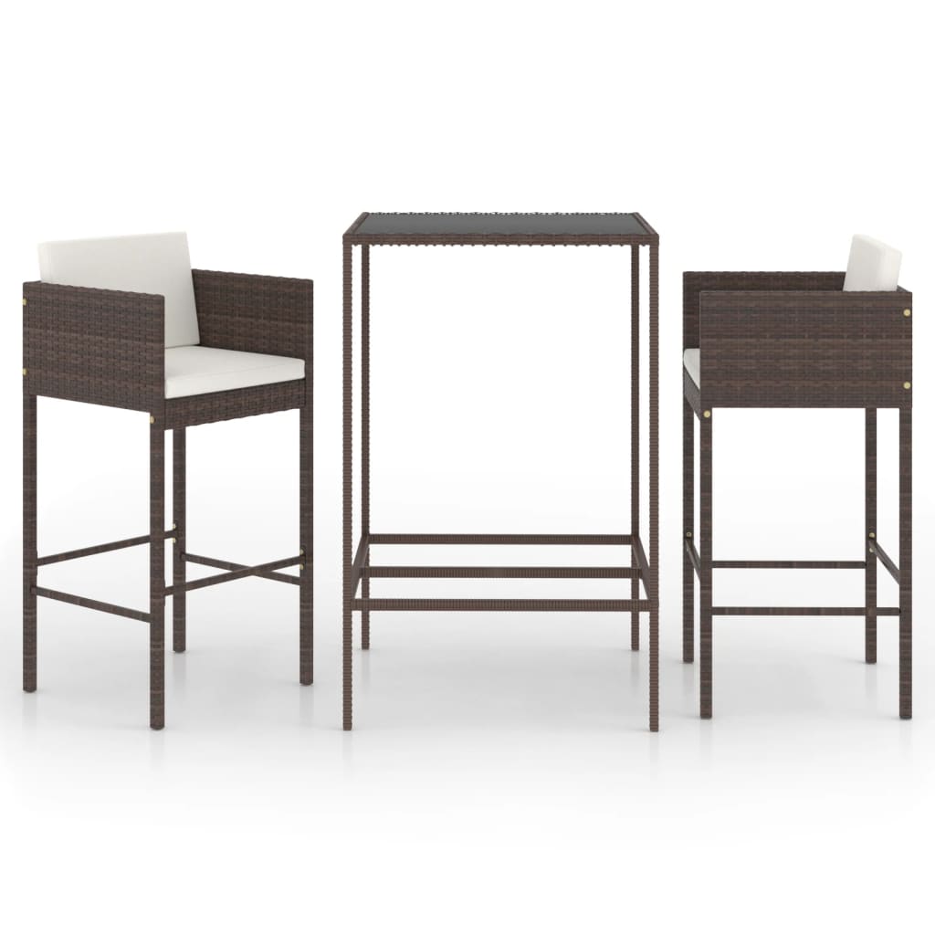 3 pc Garden Bar Set with Brown Polyrattan Cushions