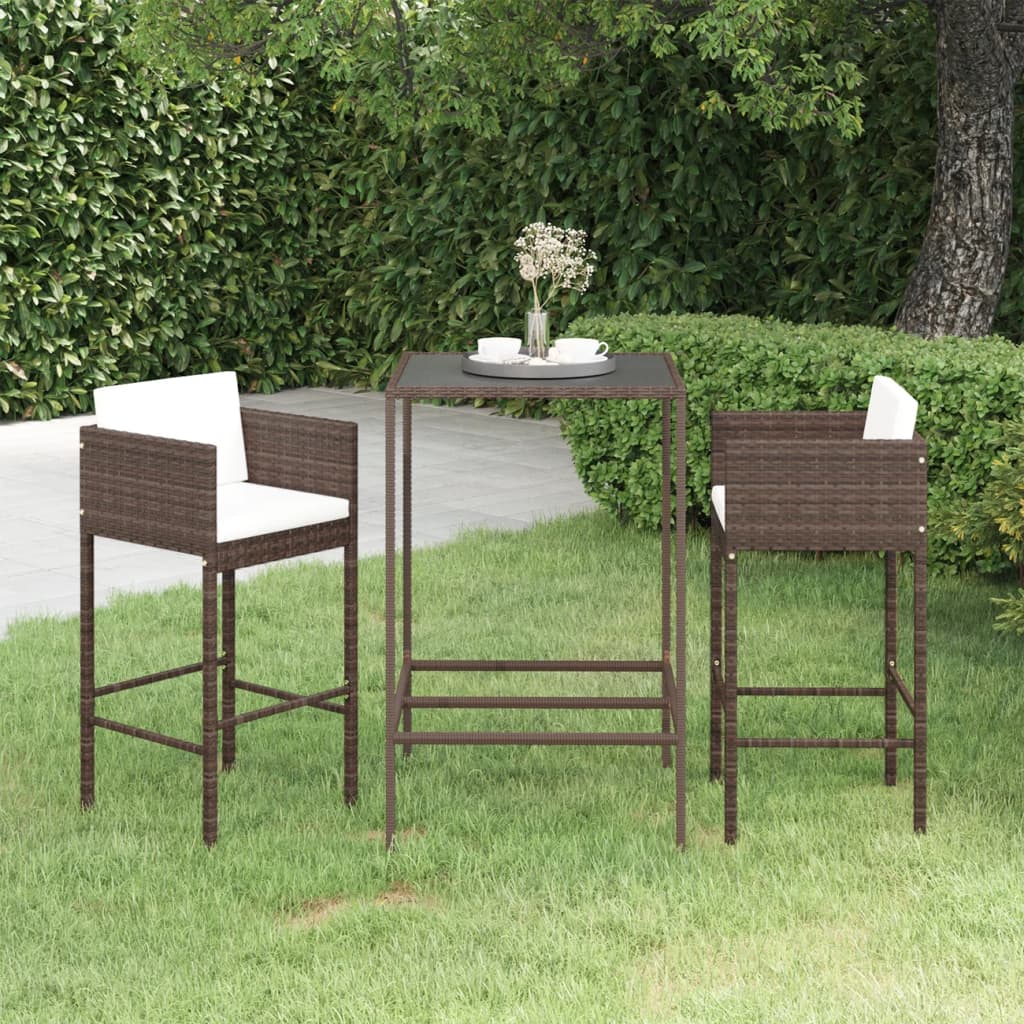 3 pc Garden Bar Set with Brown Polyrattan Cushions