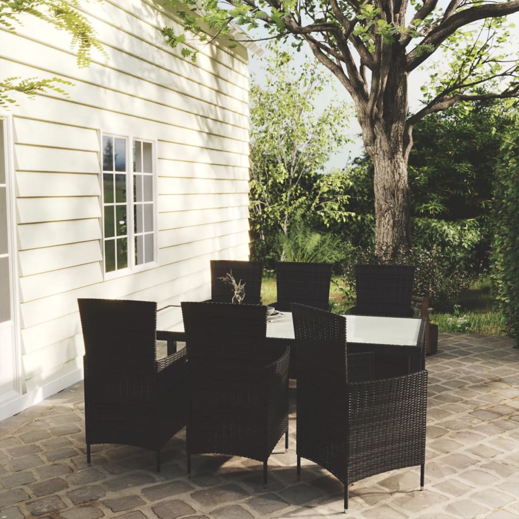 7-piece Garden Dining Set with Black Polyrattan Cushions