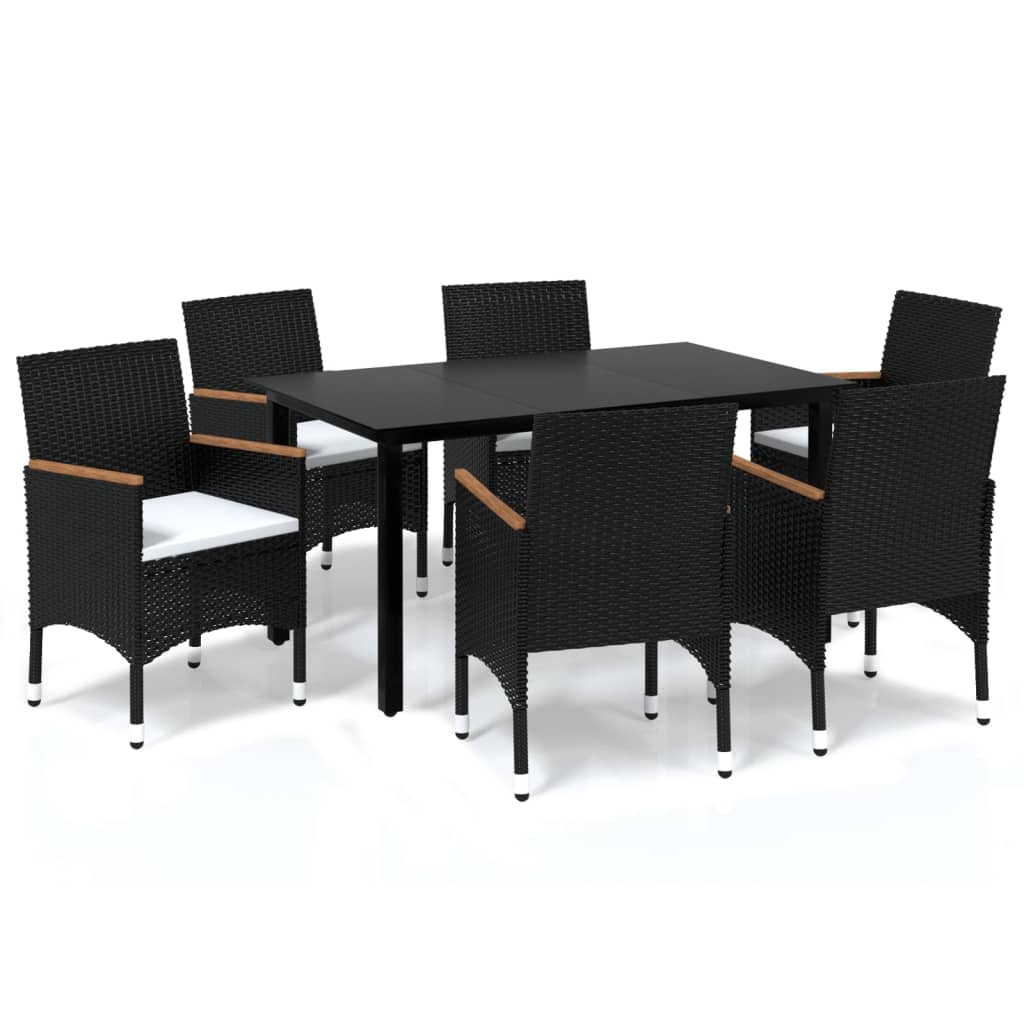 7 pc Garden Dining Set with Black Polyrattan Cushions