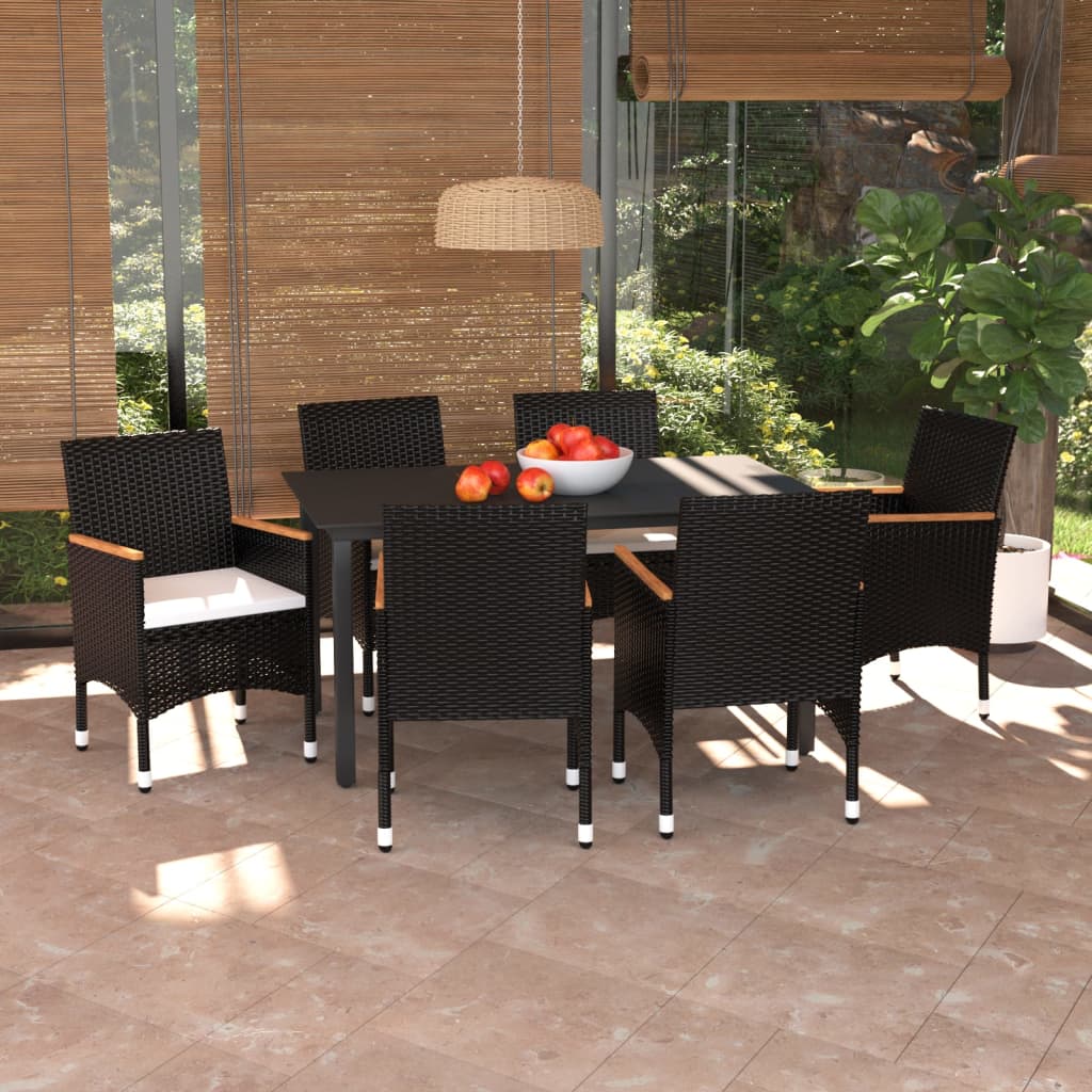 7 pc Garden Dining Set with Black Polyrattan Cushions