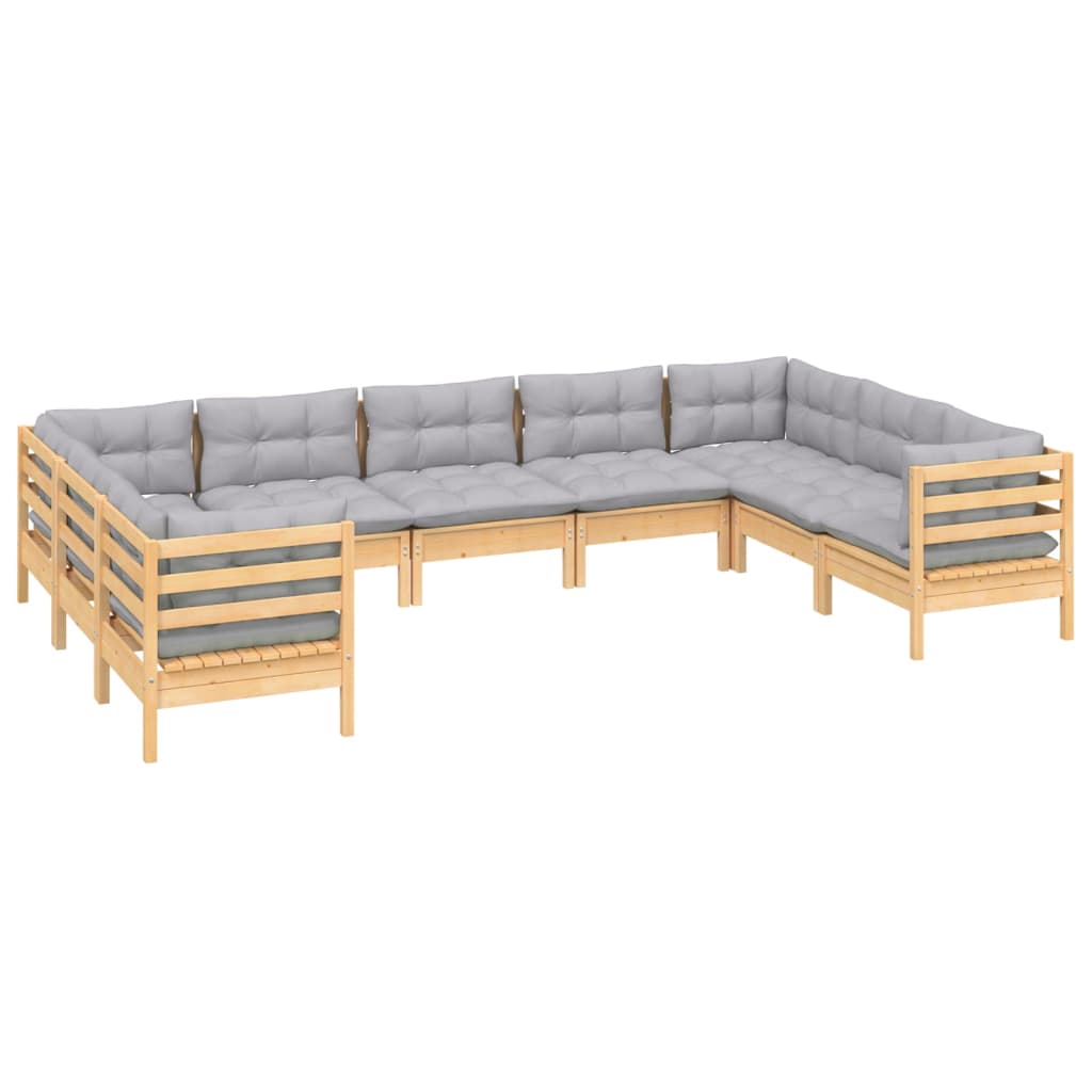 Set Divani da Giardino 9 pz con Cuscini Grigi Massello di Pino | homemem39