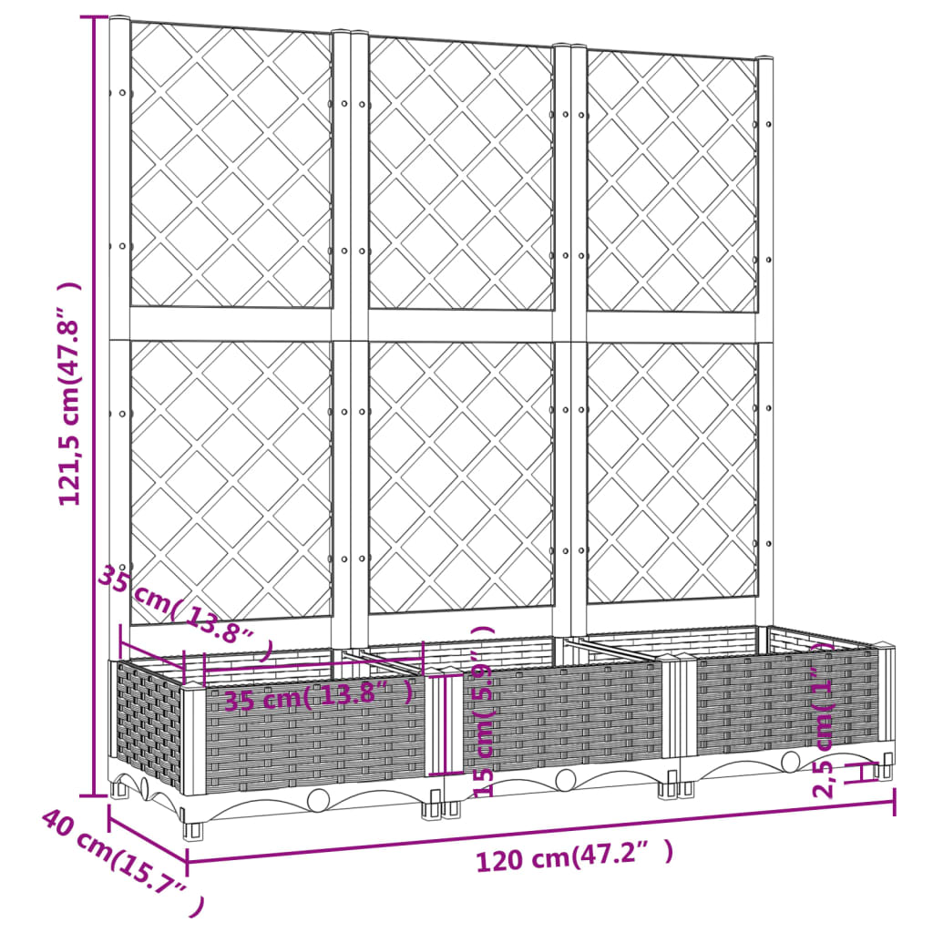 Fioriera da giardino con traliccio marrone 120x40x121,5 cm PP | homemem39