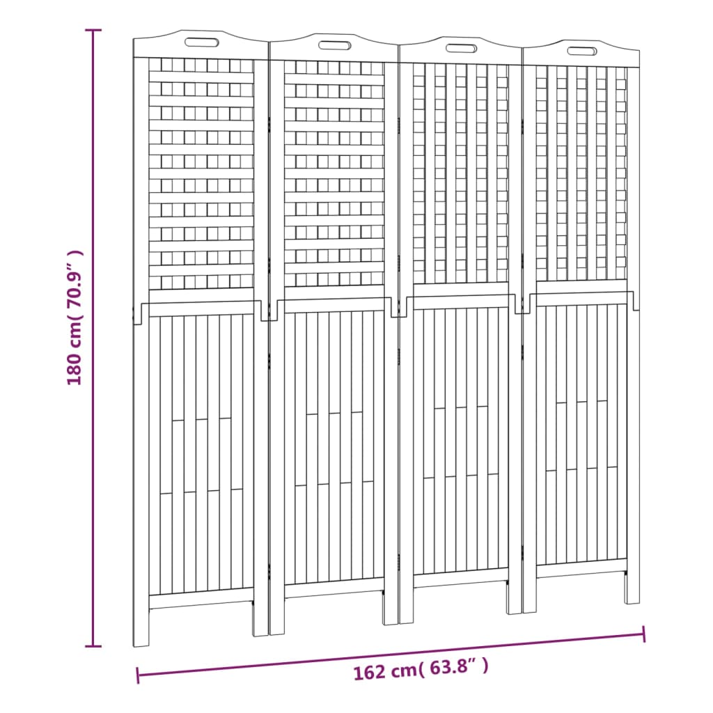 Divisorio a 4 Pannelli 162x2x180 cm Legno Massello di Acacia | homemem39