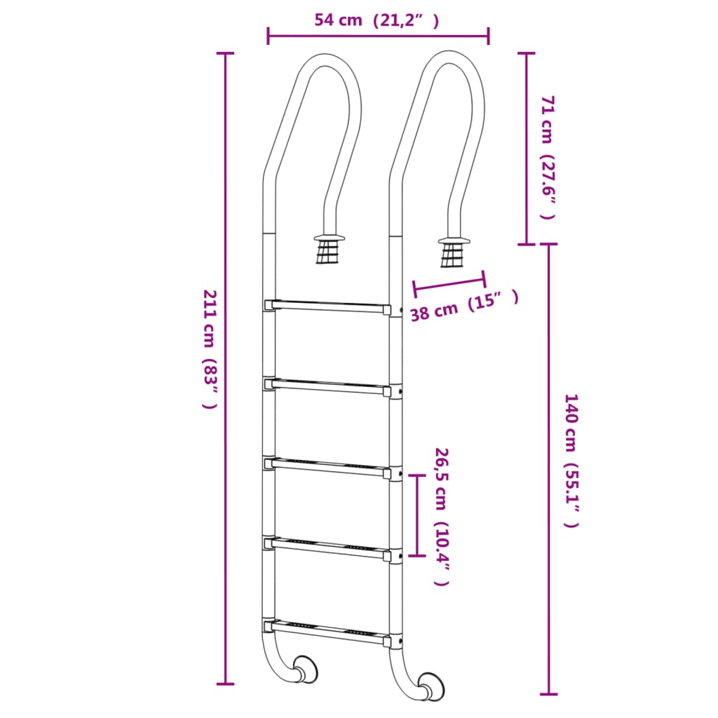 Scala per Piscina 54x38x211 cm Acciaio Inox 304
