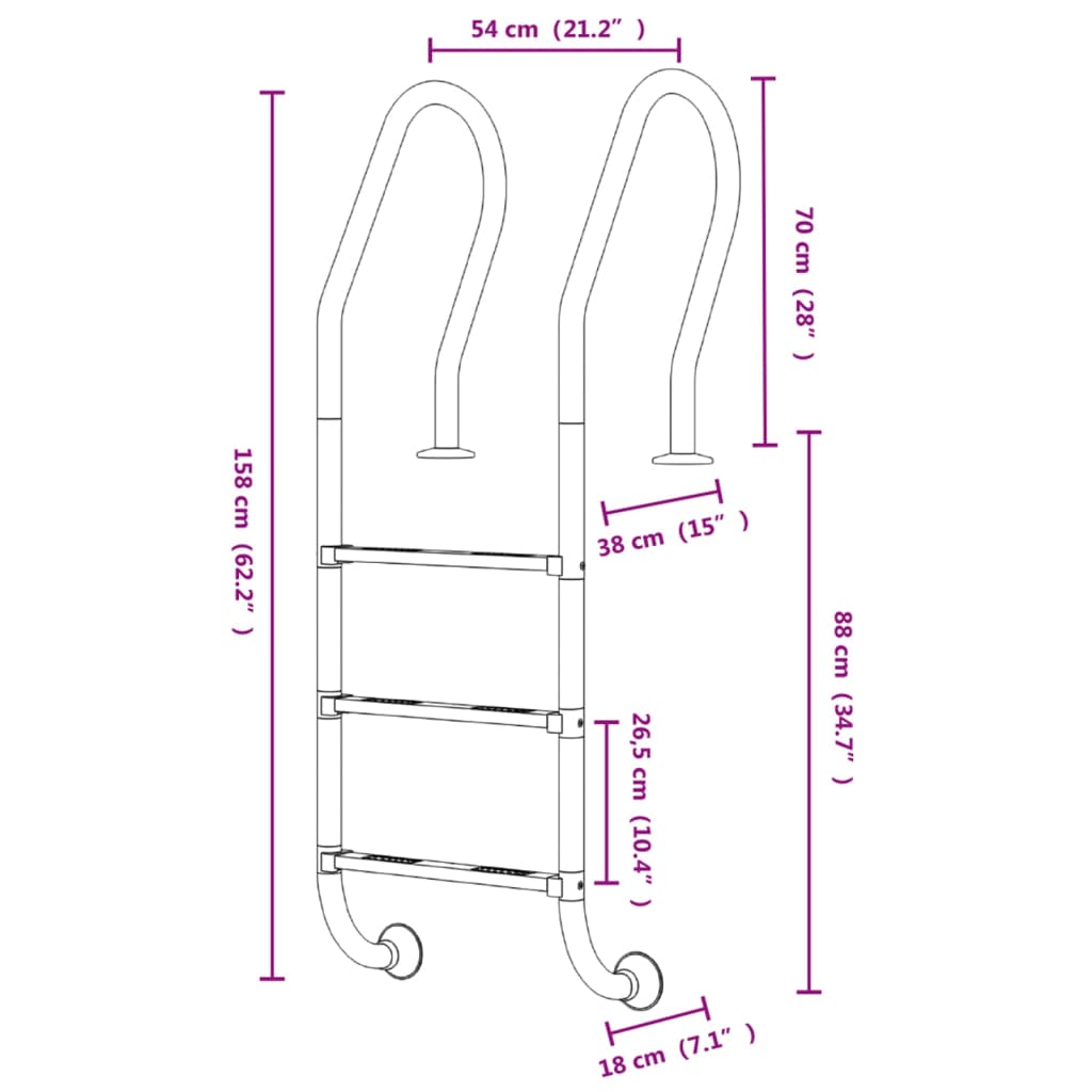 Scala per Piscina 54x38x158 cm Acciaio Inox 304
