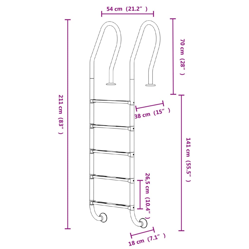 Scala per Piscina 54x38x211 cm Acciaio Inox 304