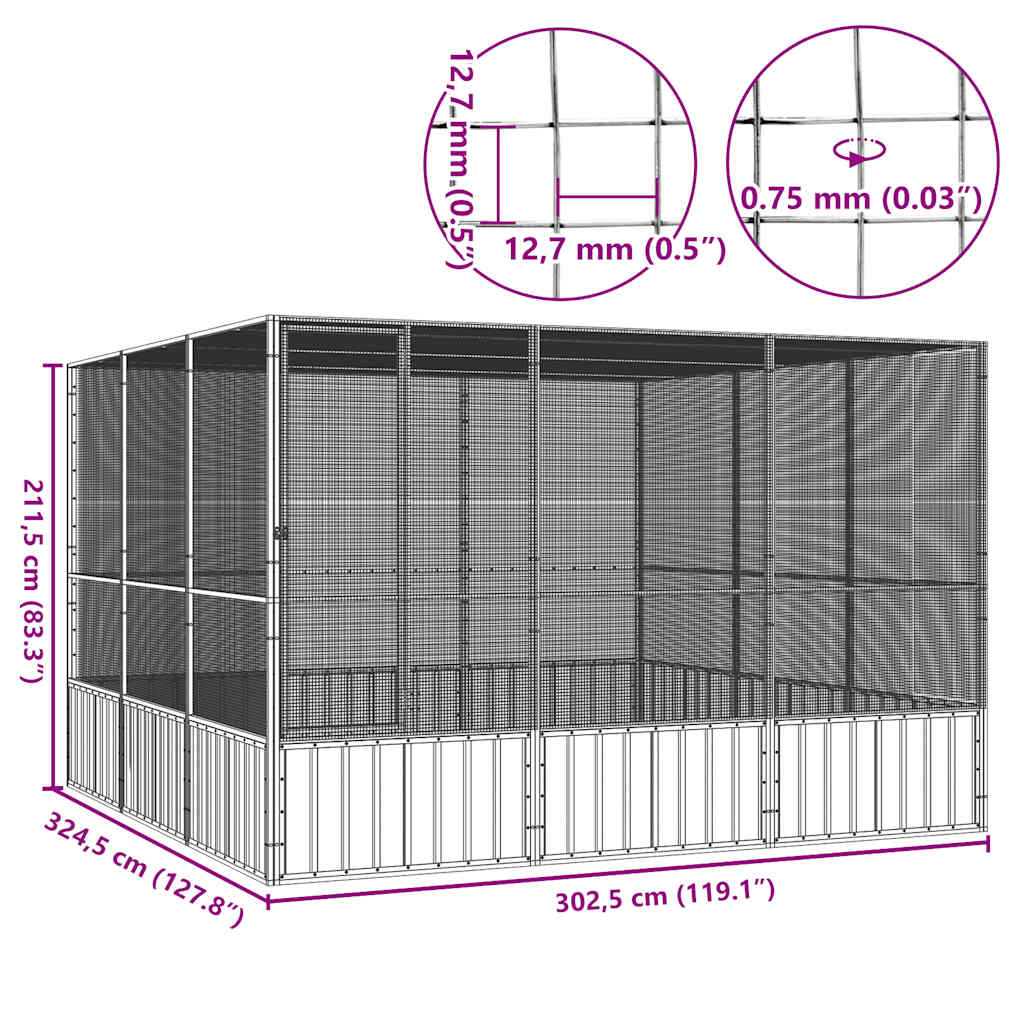 Gabbia per Uccelli Grigia 302,5x324,5x211,5 cm Acciaio Zincato | homemem39