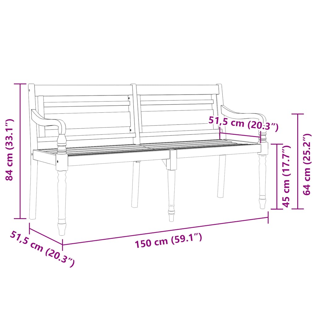 Panchina Batavia con Cuscino Nero 150 cm Legno Massello Teak - homemem39