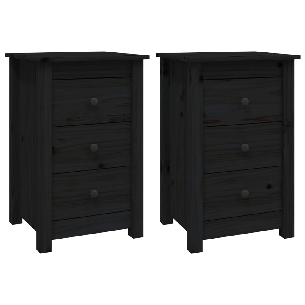 Comodini 2 pz Nera 40x35x61,5 cm in Legno Massello di Pino