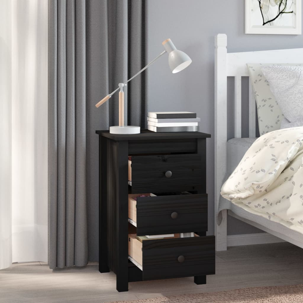 Comodini 2 pz Nera 40x35x61,5 cm in Legno Massello di Pino
