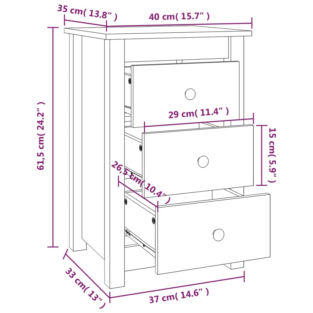 Comodini 2 pz Nera 40x35x61,5 cm in Legno Massello di Pino