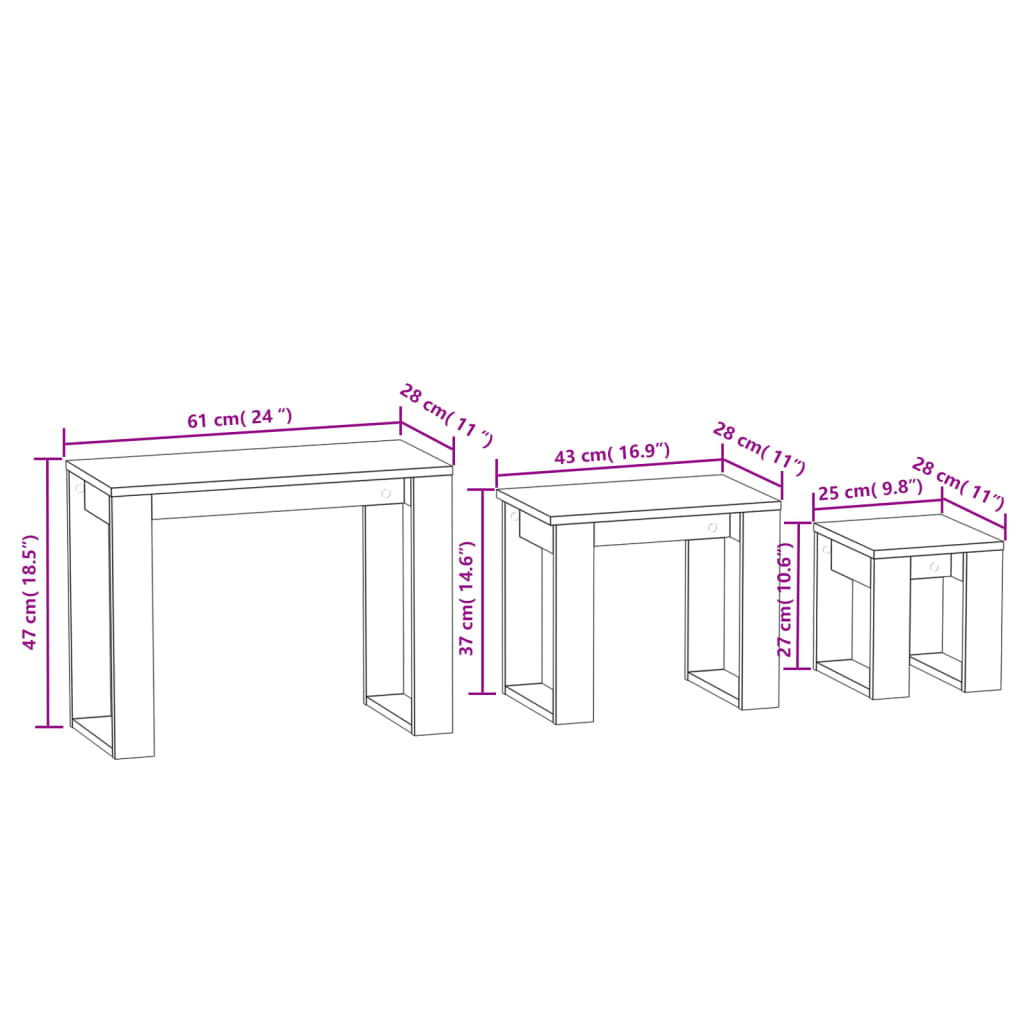 Tavolini Impilabili 3 pz Rovere Marrone in Legno Multistrato - homemem39