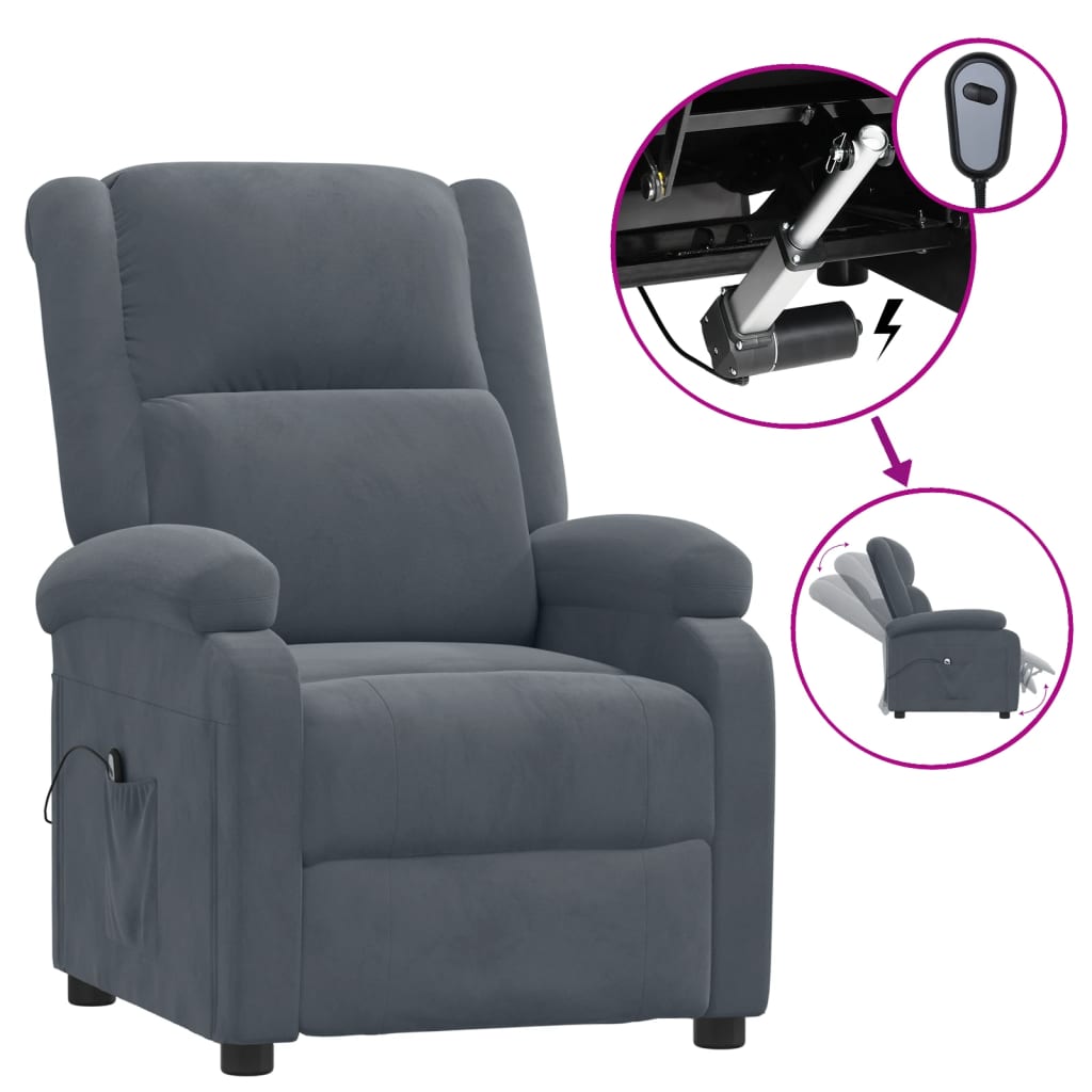 Poltrona Elettrica Reclinabile Grigio Scuro in Vera Pelle
