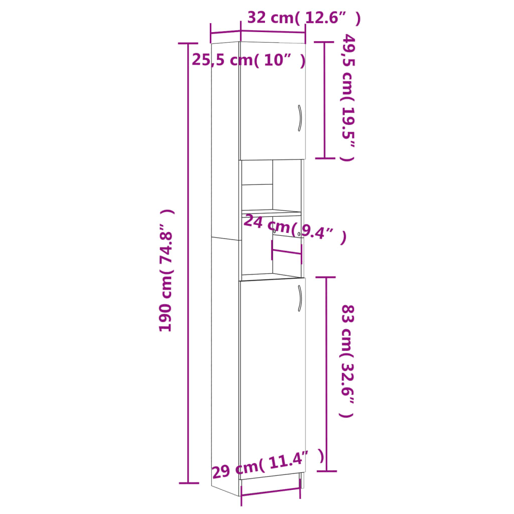 Armadietto Bagno Rovere Fumo 32x25,5x190 cm Legno Ingegnerizzato | homemem39