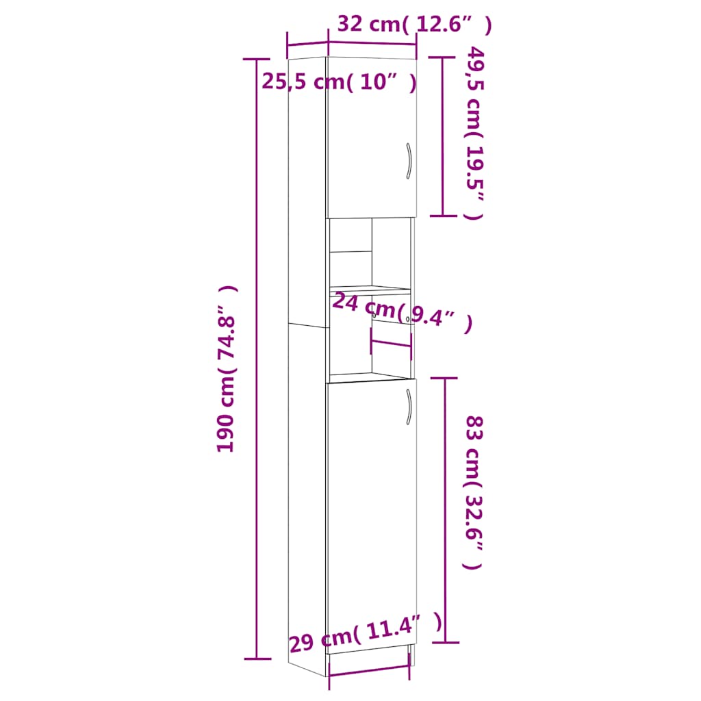 Armadietto Bagno Grigio Sonoma 32x25,5x190 cm Legno Ingegnerizzato | homemem39