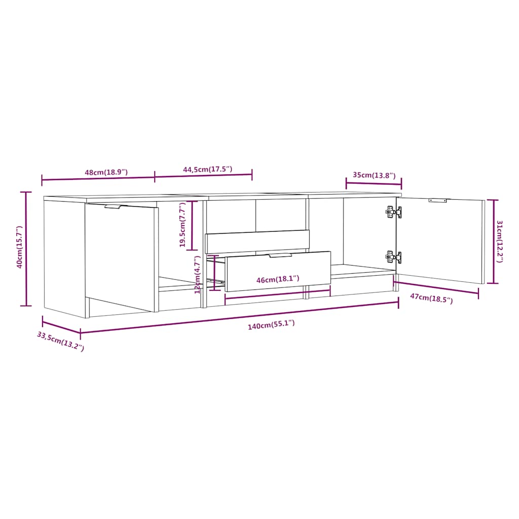 Mobile TV Bianco 140x35x40 cm in Legno Massello