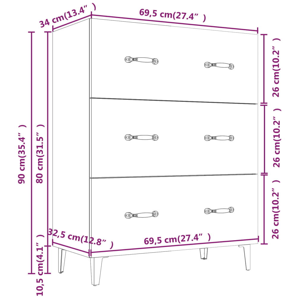 Sideboard aus brauner Eiche, 69,5 x 34 x 90 cm, aus Mehrschichtholz