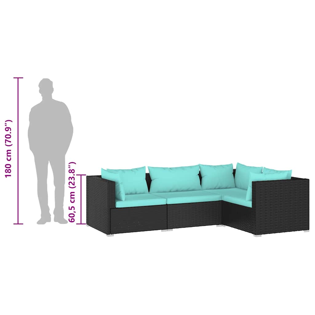 Set Divani da Giardino 4 pz con Cuscini in Polyrattan Nero | homemem39