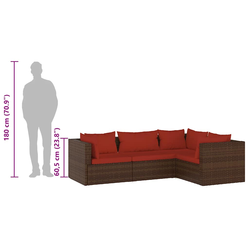 Set Divani da Giardino 4 pz con Cuscini in Polyrattan Marrone | homemem39