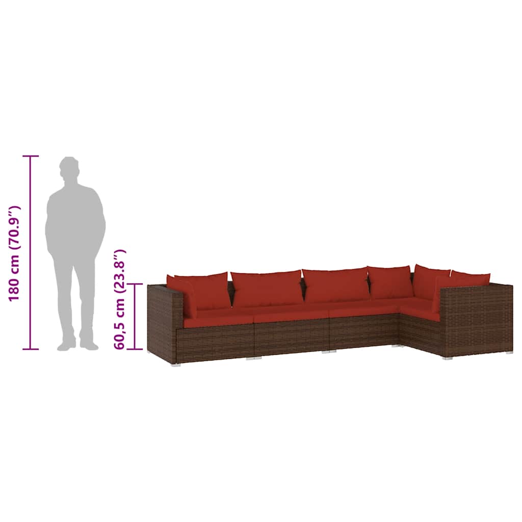 Set Divani da Giardino 5 pz con Cuscini in Polyrattan Marrone | homemem39