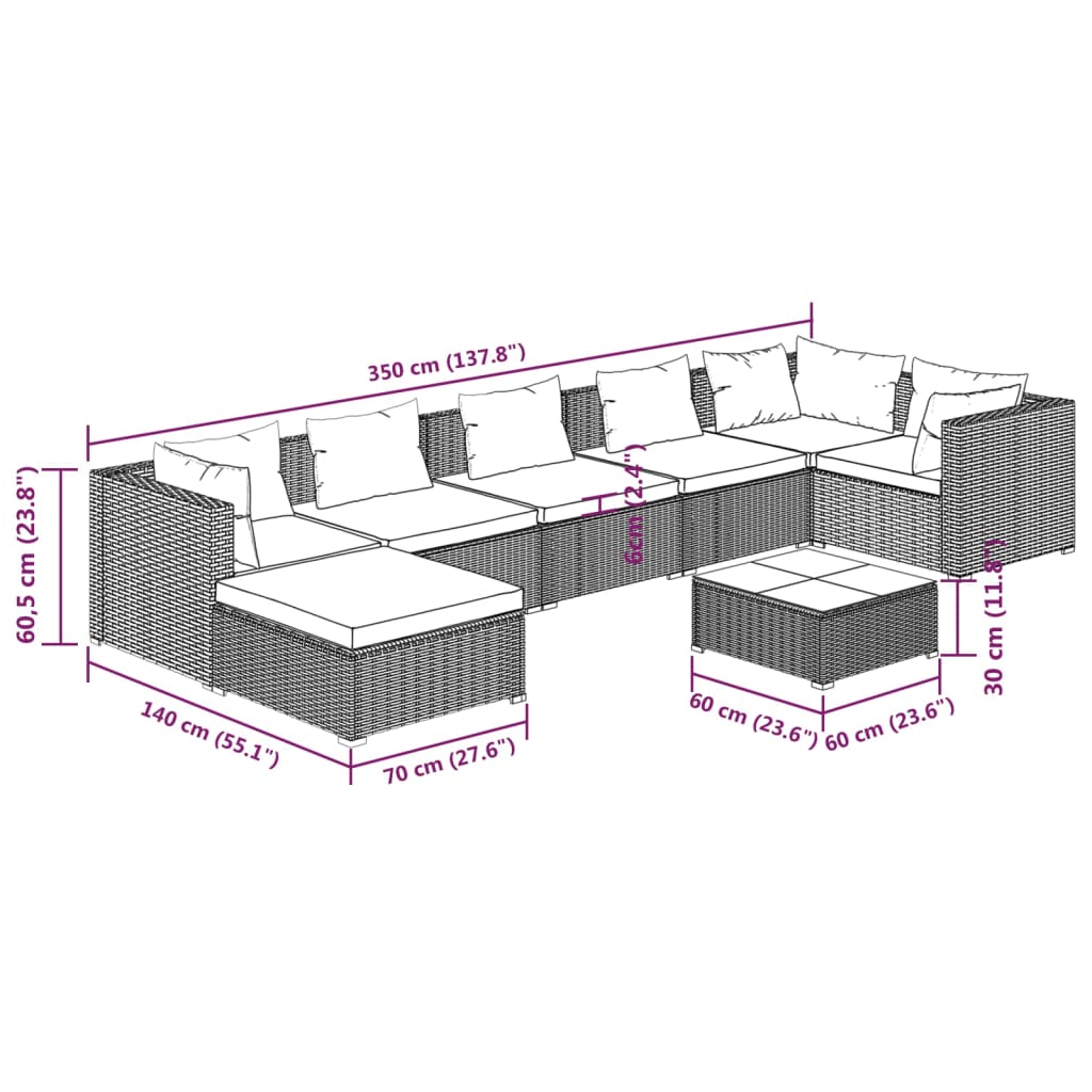 Set Divani da Giardino 8 pz con Cuscini in Polyrattan Marrone | homemem39