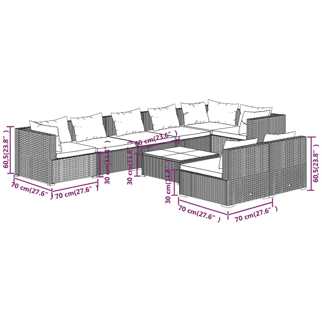 Set Divani da Giardino 9 pz con Cuscini in Polyrattan Nero | homemem39