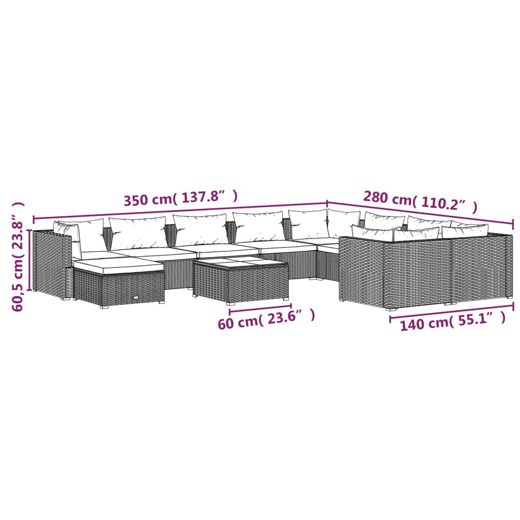 Set Divani da Giardino 11 pz con Cuscini in Polyrattan Marrone | homemem39