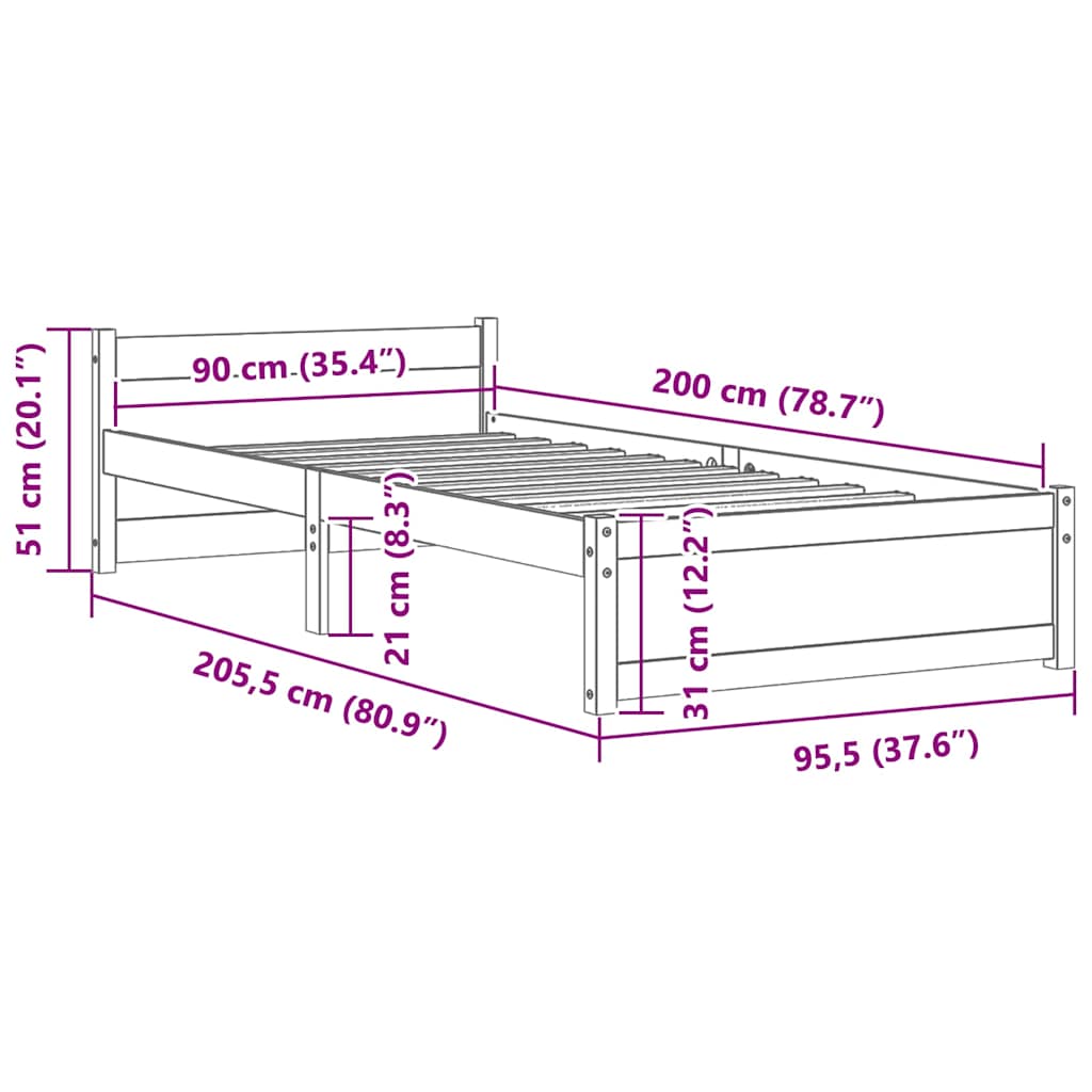 Black bed frame in solid wood 90x200 cm