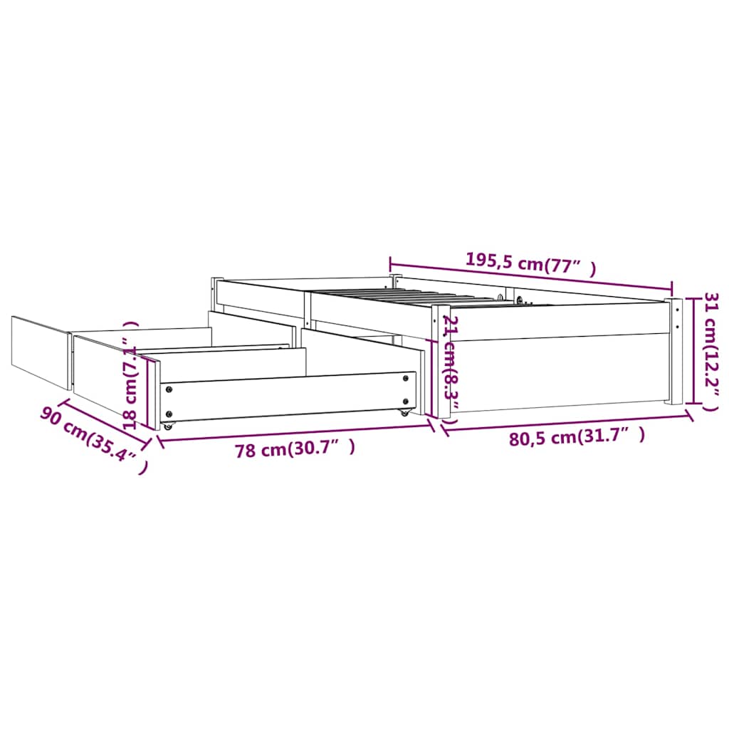 Giroletto Bianco con Cassetti 75x190 cm Small Single | homemem39