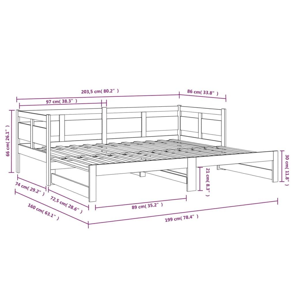 Dormeuse Estraibile Nera in Legno Massello di Pino 2x(80x200)cm | homemem39