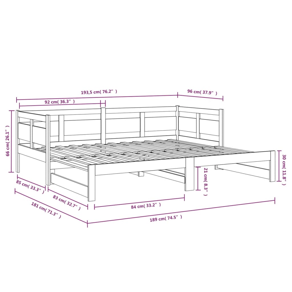 Dormeuse Estraibile Nera in Legno Massello di Pino 2x(90x190)cm | homemem39