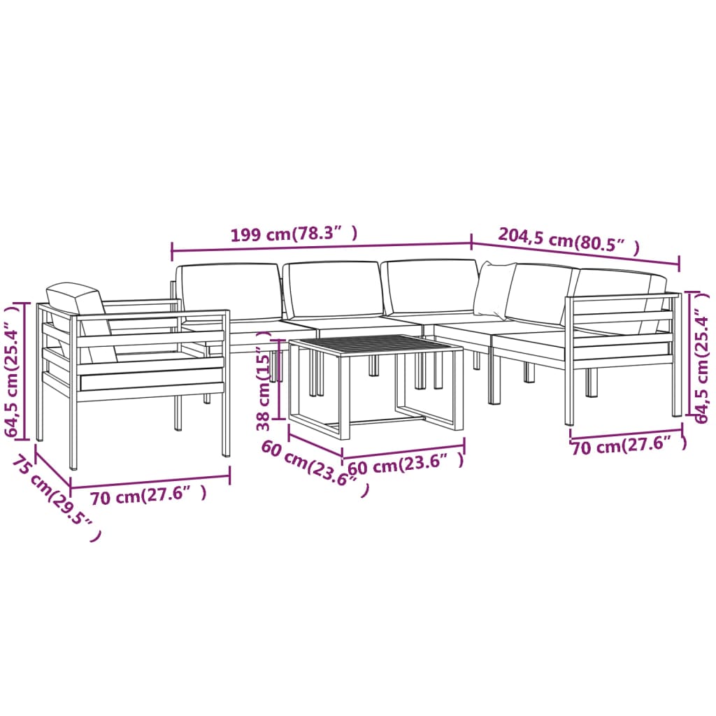 Set Divani da Giardino 7 pz con Cuscini in Alluminio Antracite | homemem39