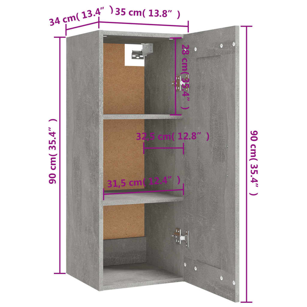 Armadietto a Muro Grigio Cemento 35x34x90 cm Legno Multistrato | homemem39