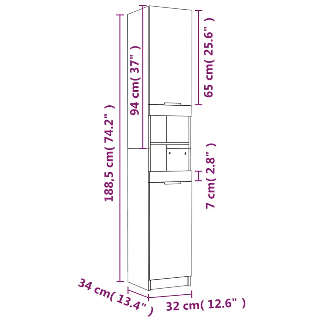 Armadietto Bagno Grigio Sonoma 32x34x188,5 cm Legno Multistrato | homemem39