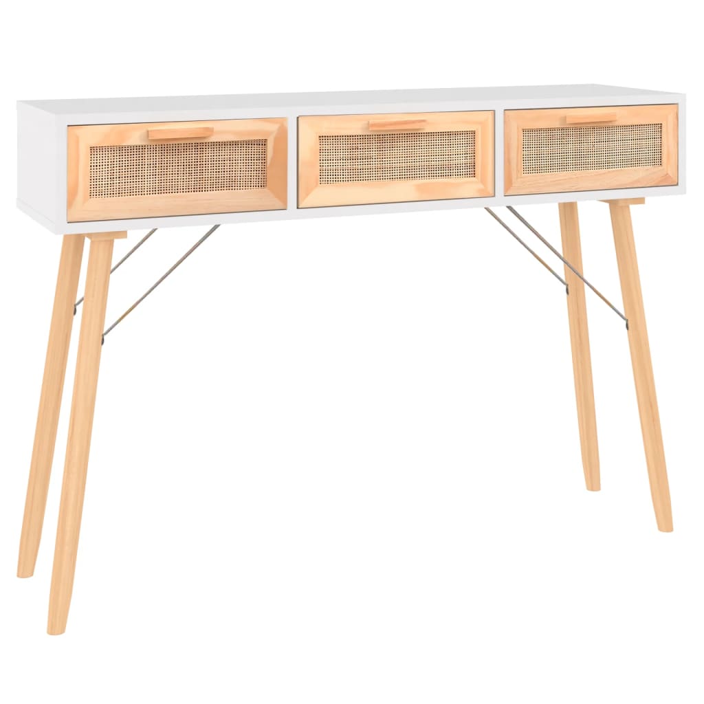 Tavolo Consolle Bianco 105x30x75 Massello Pino Rattan Naturale - homemem39