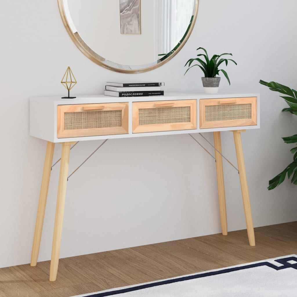 Tavolo Consolle Bianco 105x30x75 Massello Pino Rattan Naturale - homemem39
