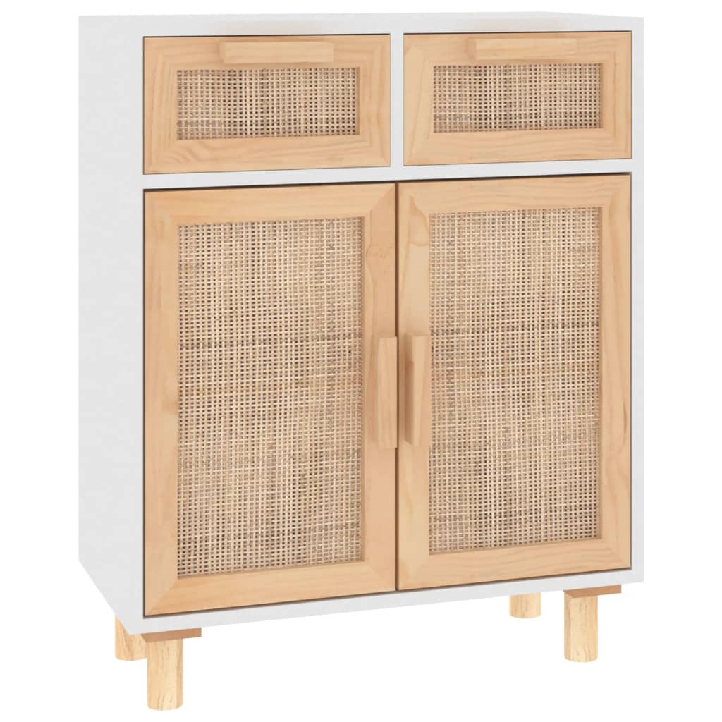 Credenza Bianca 60x30x75 cm Legno Massello Pino Rattan Naturale - homemem39