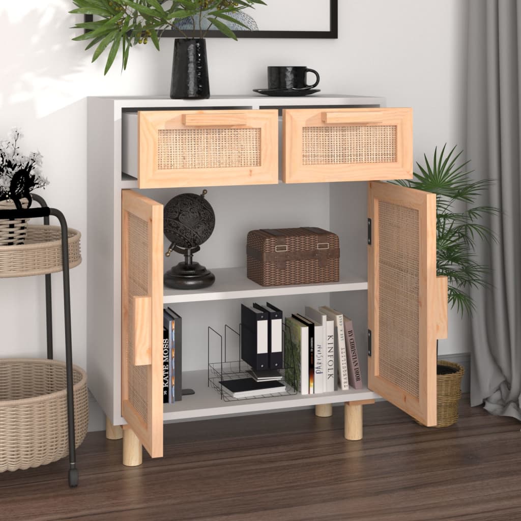 Credenza Bianca 60x30x75 cm Legno Massello Pino Rattan Naturale - homemem39