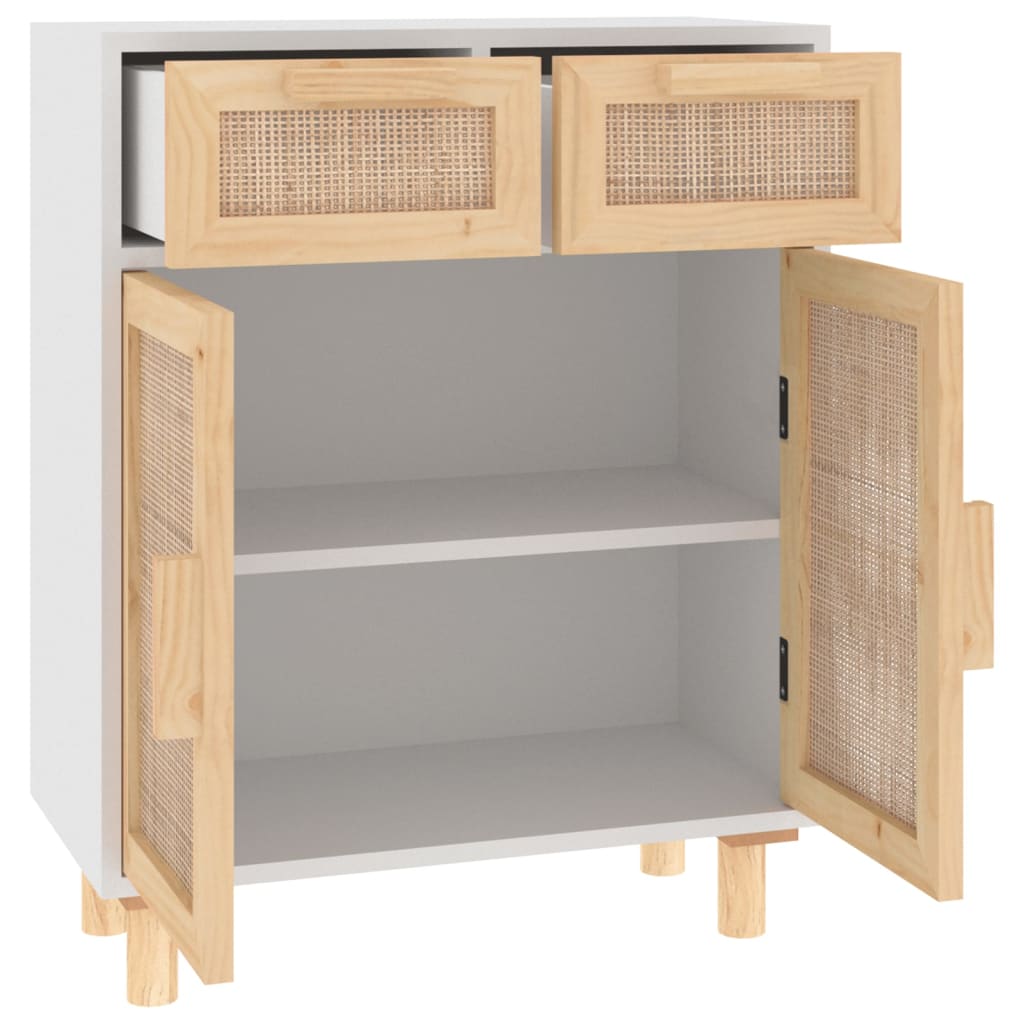 Credenza Bianca 60x30x75 cm Legno Massello Pino Rattan Naturale - homemem39