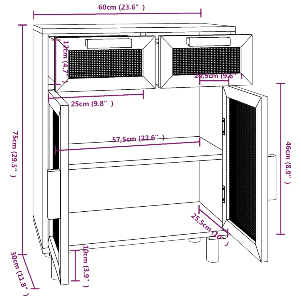 Credenza Bianca 60x30x75 cm Legno Massello Pino Rattan Naturale - homemem39
