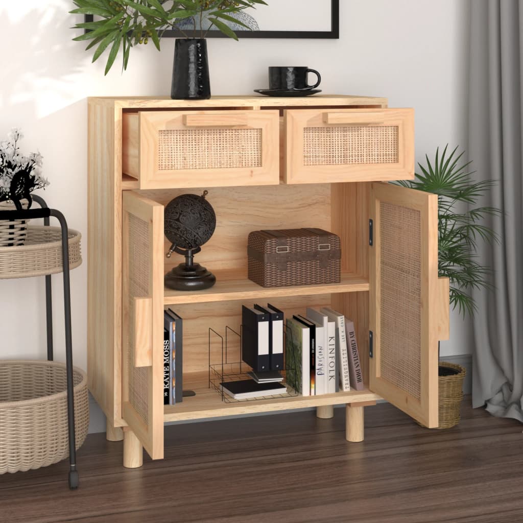 Credenza Marrone 60x30x75cm Legno Massello Pino Rattan Naturale - homemem39