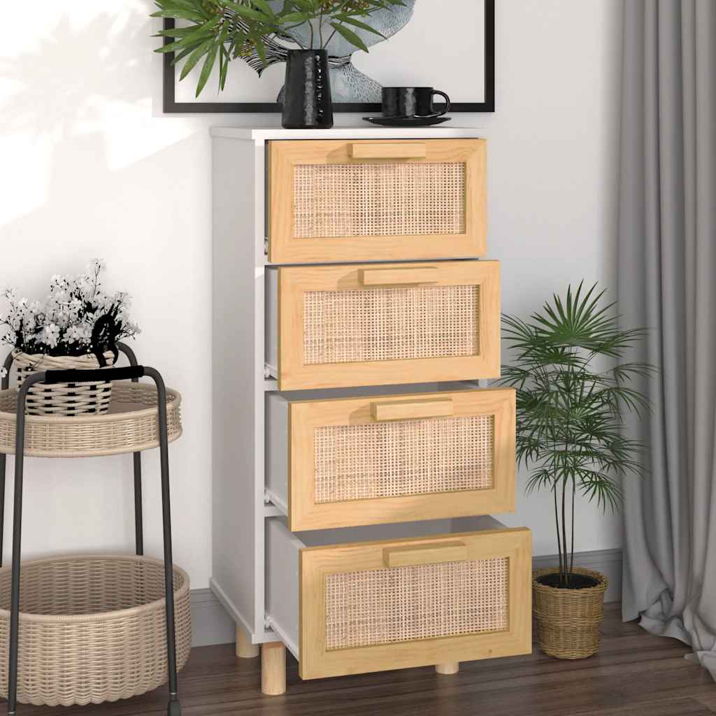 Credenza Bianca 40x30x90cm Legno Massello Pino Rattan Naturale - homemem39