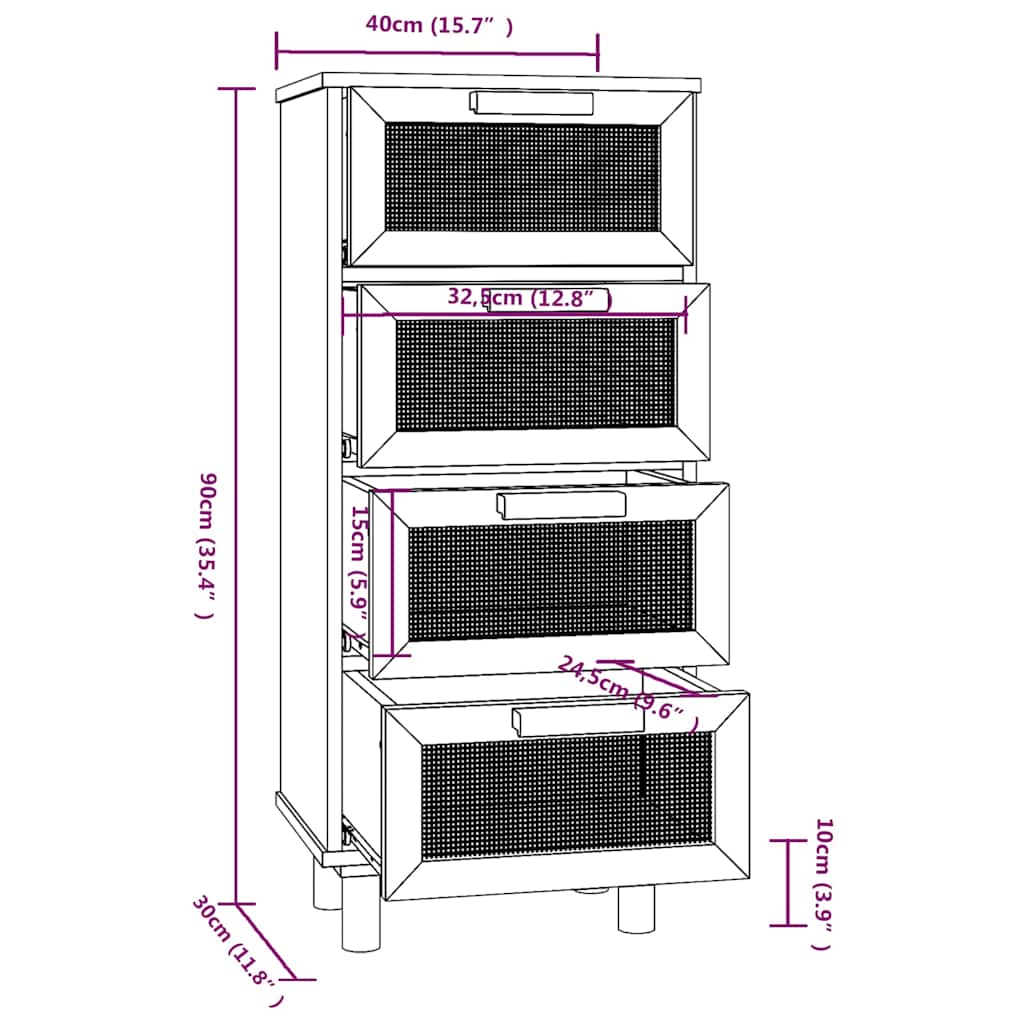 Credenza Bianca 40x30x90cm Legno Massello Pino Rattan Naturale - homemem39
