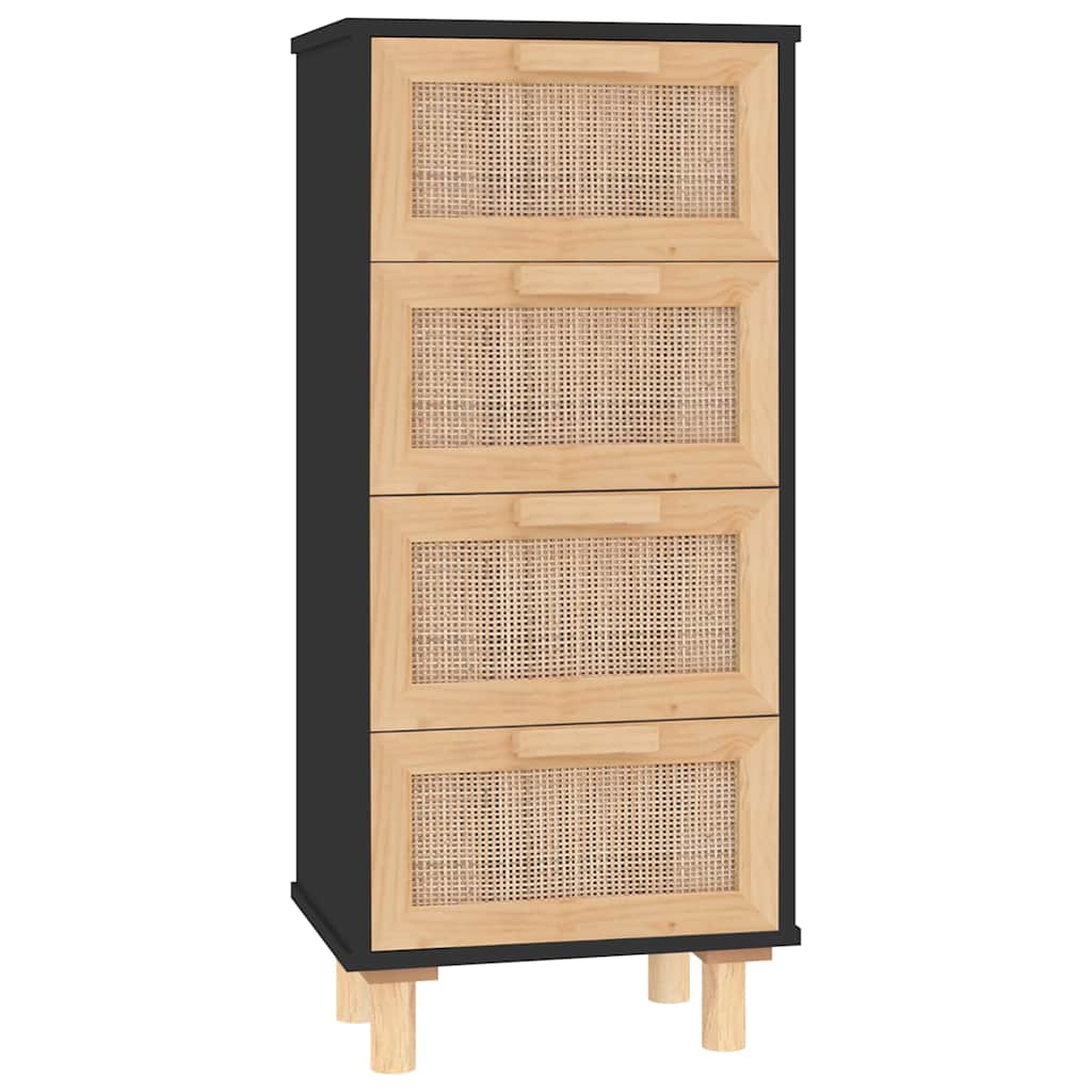 Credenza Nera 40x30x90 cm Legno Massello Pino e Rattan Naturale - homemem39